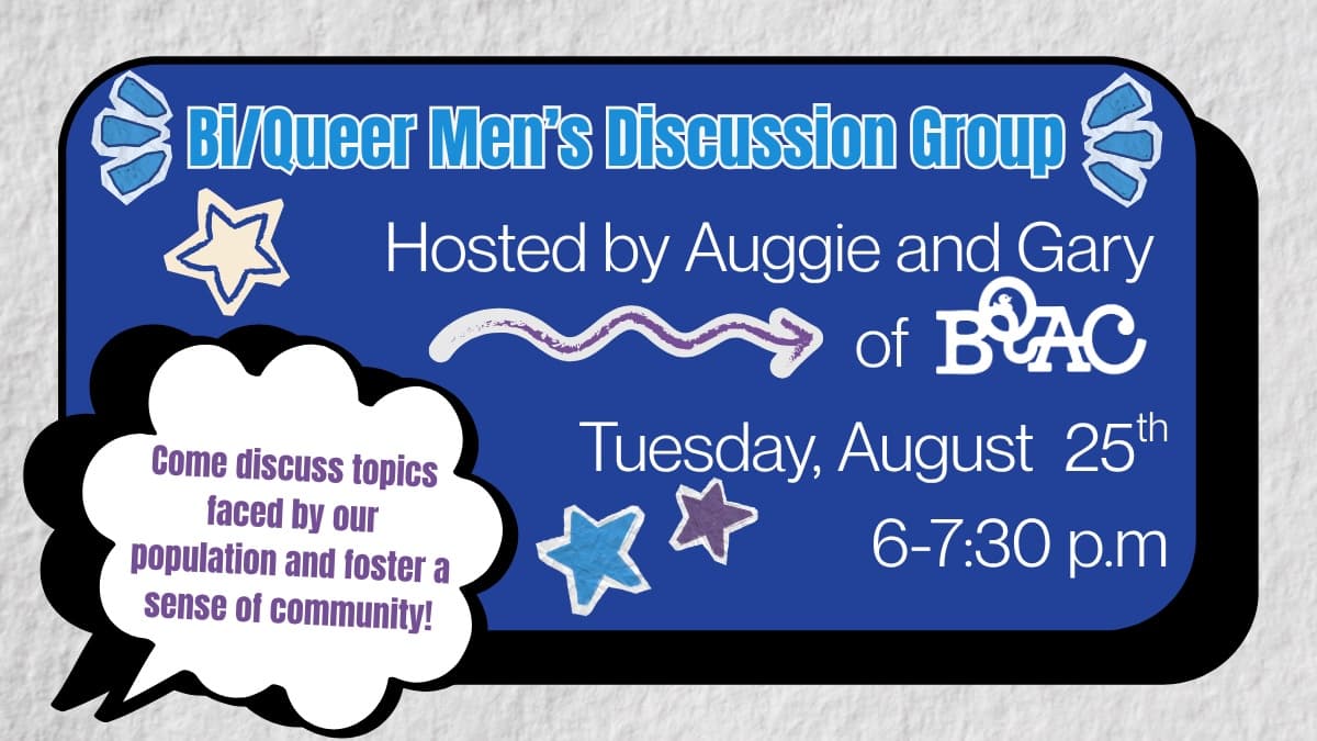 Flyer for Bi/Queer Men's Discussion Group